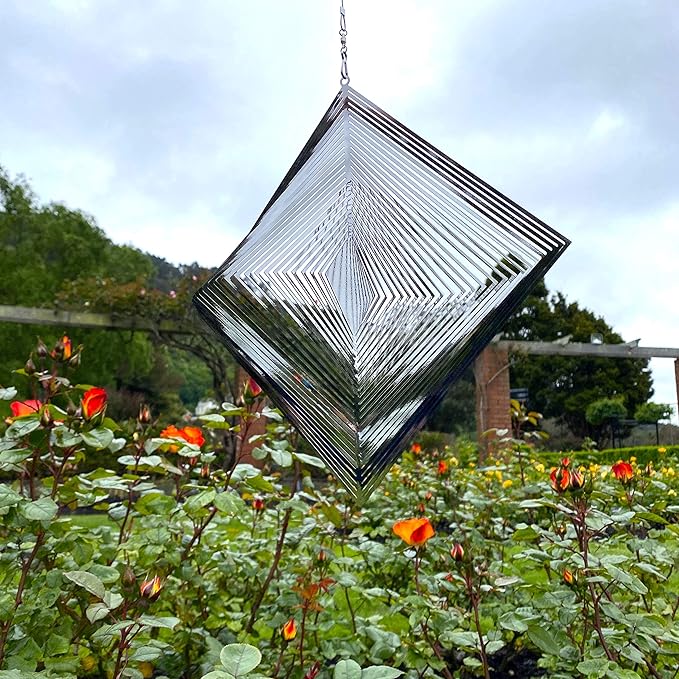 Wind Spinner Metal Garden Spinners Outdoor Garden Art for Backyard Outdoor Hanging Decor and Spinners for Yard and Garden Ornaments 3D Shape (Silver Diamond)