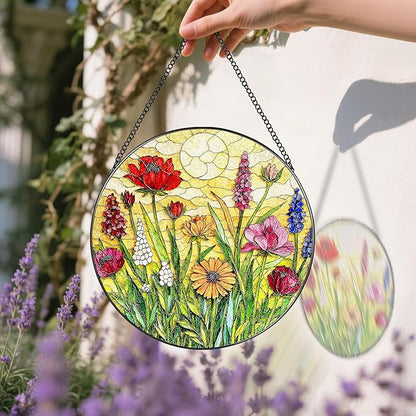 Stained Glass Window Hanging, 8 Inch Wildflower Stained Glass Suncatcher, Colorful Floral Window Hanging, Home Decor for Windows, Flower Lover Gifts, Garden Lover Gift, Gifts for Women, Mom, Grandma