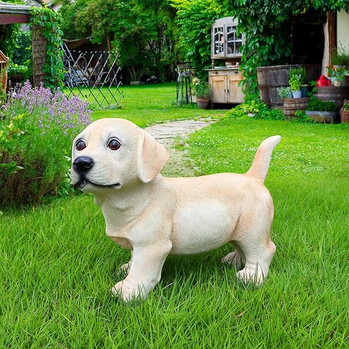 Outdoor Labrador Dog Statue with Interchangeable Welcome Sign and Detachable Solar Lantern –LED Light Garden Dog Sculpture Décor, Cute Puppy Design for Yard, Porch, Gift