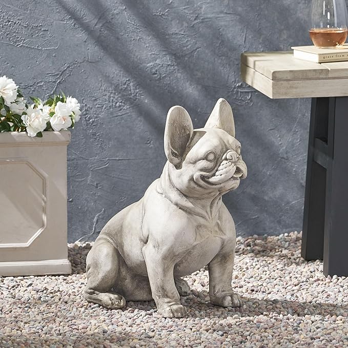 Merax French Bulldog Garden Statue - Outdoor Cast Stone Decor, Rustic White Finish, Weather-Resistant Patio or Yard Art, No Assembly Required