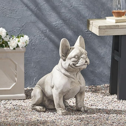 Merax French Bulldog Garden Statue - Outdoor Cast Stone Decor, Rustic White Finish, Weather-Resistant Patio or Yard Art, No Assembly Required