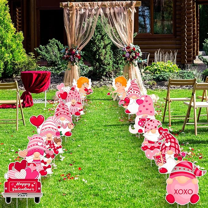 Glenmal 12 Pcs Valentine's Day Yard Signs with Stakes Valentine Gnomes Lawn Decorations Outdoor Love Swedish Corrugated Decor for Wedding Anniversary Party