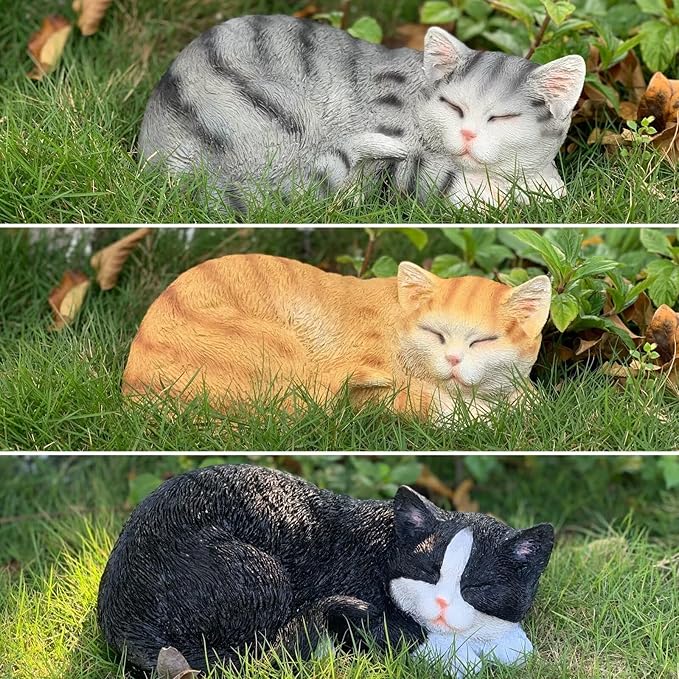 Cat Figurines - Outdoor Statue Garden Decor, Grey Sleeping Cat Statue, 11.5" Larger, Perfect for Patio, Lawn or Indoor Use, Great Gift for Mom