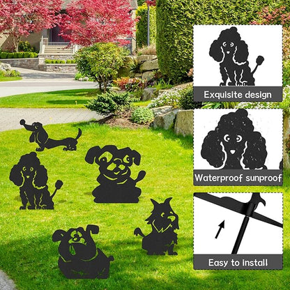 Dog Garden Decor for Outside - 5 Pcs Metal Dogs Statue Yard Stakes Funny Animal Silhouette Outdoor Art Ornaments Waterproof Backyard Lawn Pathway Signs Halloween Christmas Decorations Gifts