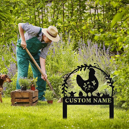 Personalized Metal Chicken Garden Signs with Stake, Custom Garden Signs for Outside Waterproof, Customized Name Sign Yard Lawn Gardens Decor Gardening Gifts for Moms Grandmas Gardeners
