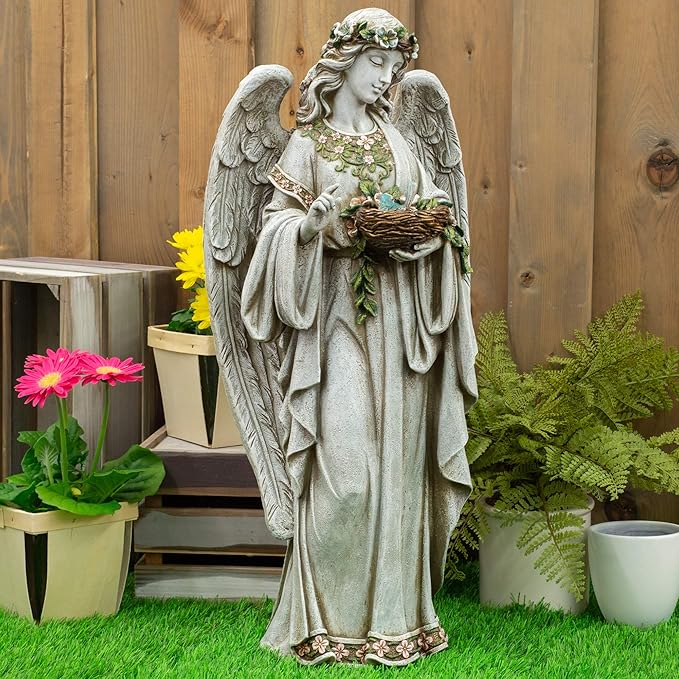 Joseph's Studio by Roman 24-Inch Angel Holding Bird's Nest Statue – Outdoor Garden Decor, Religious Angel Figurine for Yard, Memorial, or Cemetery