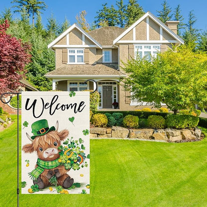 Heyfibro Welcome St. Patrick's Day Garden Flag 12x18 Double Sided Burlap, Highland Cow with Shamrock Bouquet & Green Plaid Scarf Yard Flag for Spring Seasonal Irish Farmhouse Outdoor Decor(ONLY FLAG)