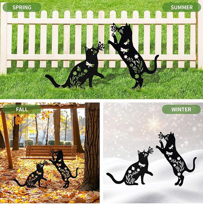 Outdoor cat Metal Garden Statue Black cat Silhouette Outdoor Garden Decoration Outdoor cat Statue for Lawn Yard, cat Art Animal Garden Pile, Lawn Yard Art