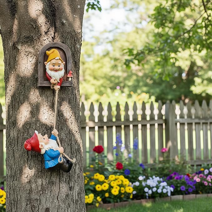 Real Gnome Statue, Garden Climbing Elves Sculpture, Outdoor Fairy Door Figurines, Fairy Hanging Decor, Tree Hugger Perfect for Garden Lovers Lawn, Patio,Yard Decor,Tree Peeker (2Pcs)