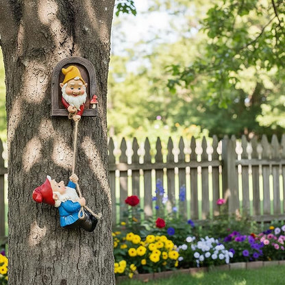 Real Gnome Statue, Garden Climbing Elves Sculpture, Outdoor Fairy Door Figurines, Fairy Hanging Decor, Tree Hugger Perfect for Garden Lovers Lawn, Patio,Yard Decor,Tree Peeker (2Pcs)