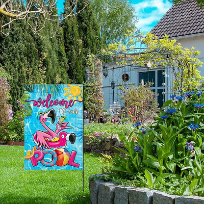 Summer POOL Garden Flags for Outdoor, Flamingo Welcome to Our POOL Small Yard Flags for Outside, Swimming Pool Decoration for Party Holiday 12x18 Inch Double Sided