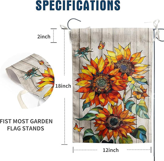 Stained Glass Sunflower Fall Garden Flag Autumn Flower Yard Signs for Outside 12x18 Double Sided Small Thanksgiving Monarch Butterfly Banner Outdoor Farmhouse Decorations