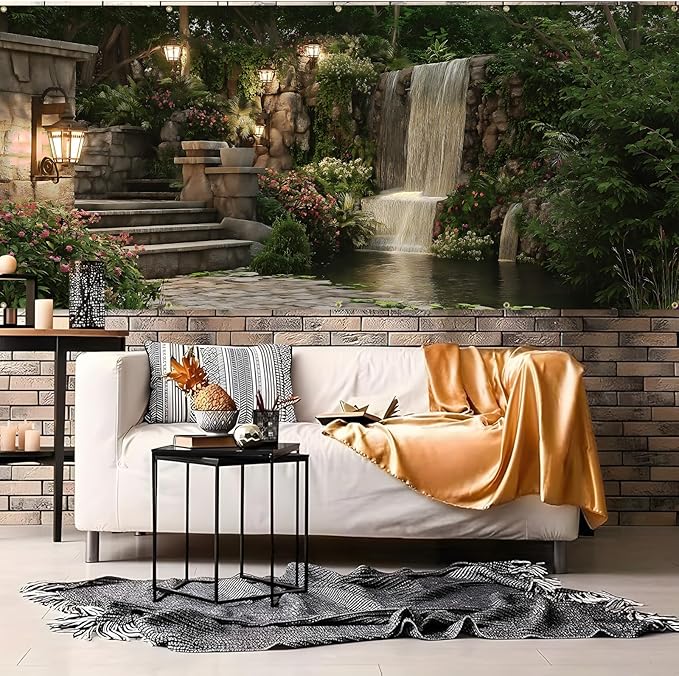 Garage door banner cover, 6x13 ft beautiful garden scene with flowers and waterfalls background, Large Outdoor Backyard Landscape Decoration (Garden Waterfall)