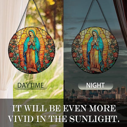 Our Lady of Grace Suncatcher Stained Glass Window Hanging, Christian Virgin Mary Flower Sun Catchers Indoor Window Glass Round Wall Decor, Catholic Rose Wall Art Hanging Decorations, ＂7.8x7.8＂