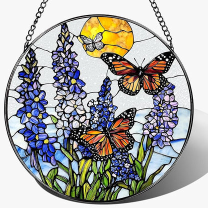 Stained Glass Window Hanging, 8 Inch Lavender & Butterfly Sun Catcher Decor, Stained Glass Ornament, Suncatchers for Windows Hanging, Window Decor, Gifts for Butterfly Lovers, Flower Lovers Gifts