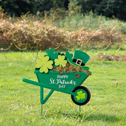 Glitzhome Metal St. Patrick's Yard Signs, Shamrocks Wagon Garden Stakes, 24"H Wall Decor Yard stake for Home Party Yard Lawn Patio Outdoor Decoration