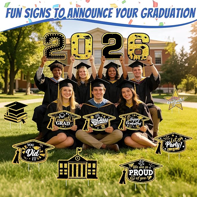 13Pcs Graduation Yard Signs Class of 2026 Large Congrats Grad Sign with Stakes & String Hanging Graduation Decorations for Indoor Outdoor Yard Lawn Porch School (Gold)