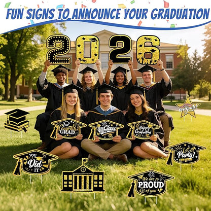 13Pcs Graduation Yard Signs Class of 2026 Large Congrats Grad Sign with Stakes & String Hanging Graduation Decorations for Indoor Outdoor Yard Lawn Porch School (Gold)