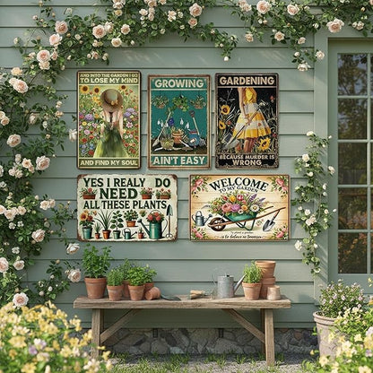 Funny Metal Garden Sign, 8" x 12" Vintage Gardening Decor - 5Pcs Women's Garden Gifts, Weather-Resistant Metal Wall Art for Yard, Backyard, Patio & Porch