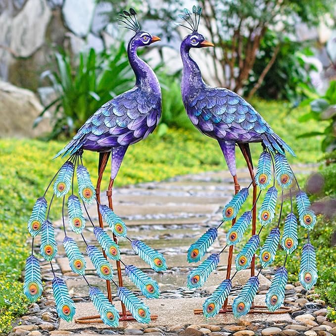 Kircust Purples Peacock Garden Statue and Sculpture, Metal Peacocks Yard Art Lawn Decor, Large Birds Garden Sculptures & Statues for Patio Backyard Pond Home Decoration