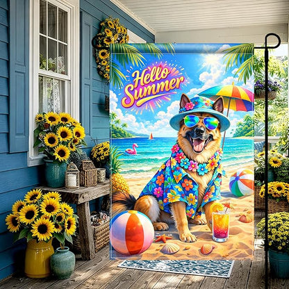 BlissYard Hello Summer Golden Retriever Garden Flag 12x18 Double Sided Vertical Outdoor Decor Beach Dog Tropical Yard Garden Lawn Banner Colorful Seasonal Display