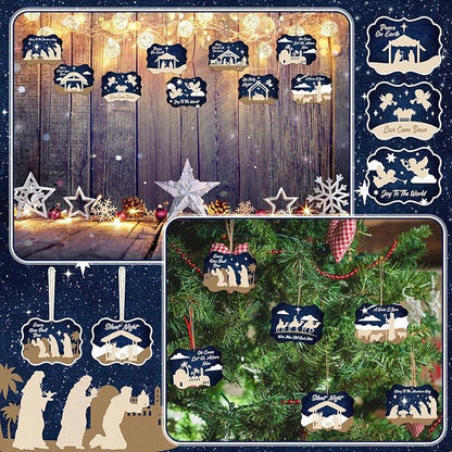 Soaoo 60 Pcs Nativity Scene Christmas Tree Ornament Christian Religious Ornaments Bulk Round Nativity Xmas Tree Hanging Wooden Decorations for Garden Yard Outdoor Home (Square Style)