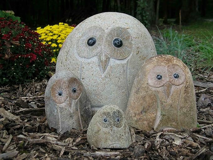 Natural Granite, Hand-Carved Boulder Stone Owl 6" H