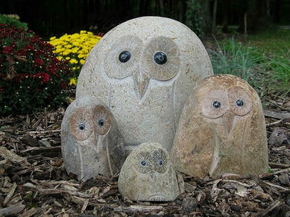 Natural Granite, Hand-Carved Boulder Stone Owl 6" H
