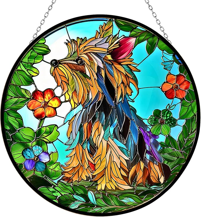 Yorkie Stained Glass Suncather Window Hangings, Suncatchers Glass Panel Sun Catchers Gifts Home Decor Garden Christmas Halloween Wedding 9.8"