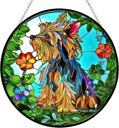 Yorkie Stained Glass Suncather Window Hangings, Suncatchers Glass Panel Sun Catchers Gifts Home Decor Garden Christmas Halloween Wedding 9.8"