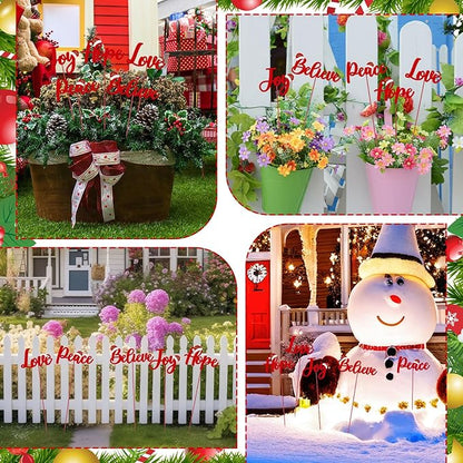 Roowest 5 Pack 12'' H Metal Christmas Yard Stakes Outdoor Decorations Joy Peace Love Believe Hope Garden Signs Christmas Potted Plant Stakes for Holiday Winter Home Lawn Garden Porch Party Decor