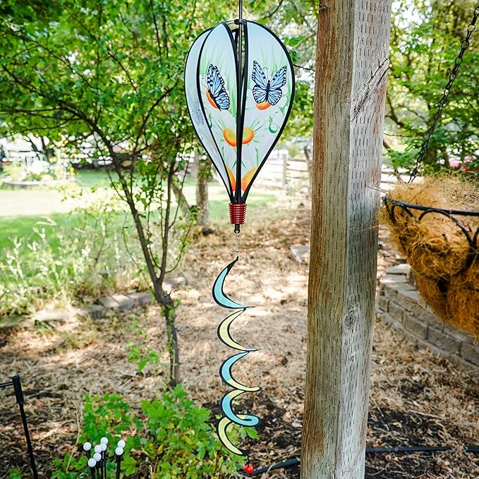 In the Breeze Blue Karner Butterfly 6-Panel Kinetic Hot Air Balloon Wind Spinner,Blue Butterfly,11" W x 17" H, 26" Tail,1057