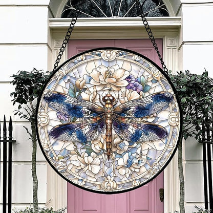 DASTOLL Stained Glass Window Hanging, Dragonfly Flower Suncatcher for Doors Home Sun Catchers Decoration and Christmas, Mother's Day Birthday Gifts for Women, Men, and Mom 14.9x14.9 in
