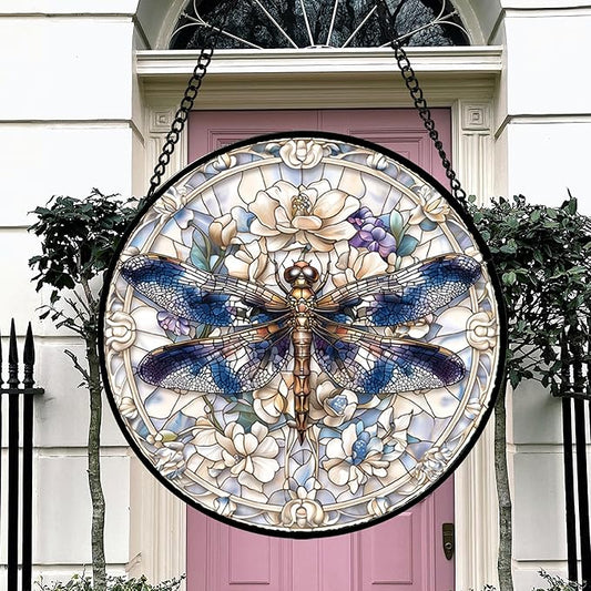 DASTOLL Stained Glass Window Hanging, Dragonfly Flower Suncatcher for Doors Home Sun Catchers Decoration and Christmas, Mother's Day Birthday Gifts for Women, Men, and Mom 14.9x14.9 in