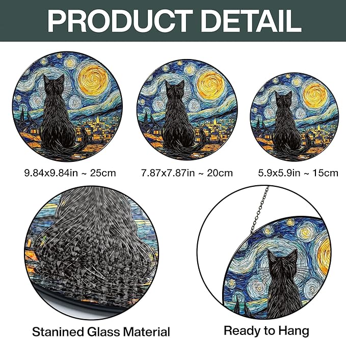 Starry Night Black Cat Stained Glass Suncatcher Window Hanging Decor for Garden, Cat Suncatcher Window Panel Gifts for Cats Lovers, Memorial Gifts for Pet Loss Sympathy Gift for Outdoor Decorations