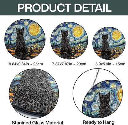 Starry Night Black Cat Stained Glass Suncatcher Window Hanging Decor for Garden, Cat Suncatcher Window Panel Gifts for Cats Lovers, Memorial Gifts for Pet Loss Sympathy Gift for Outdoor Decorations