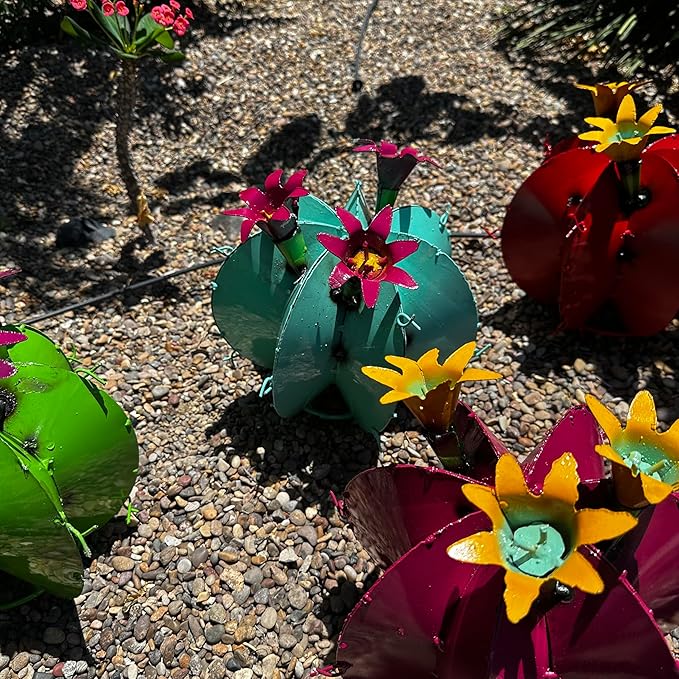 Handmade Metal Bisnaga Cactus with Flowers - Garden Art Decor (Turquoise)
