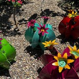 Handmade Metal Bisnaga Cactus with Flowers - Garden Art Decor (Turquoise)