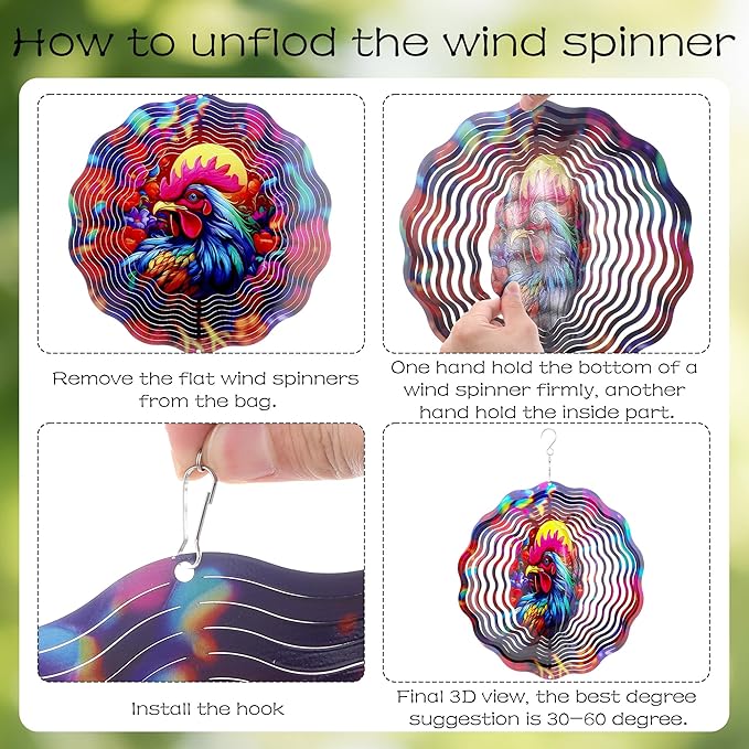 Metal Wind Spinners Outdoor - Chicken Yard Decor 3D Hanging Wind Spinner 12 Inch Kinetic Spinning Art Ornaments for Patio Lawn Garden Balcony Chicken Gifts for Women Men Mom Grandma Friends