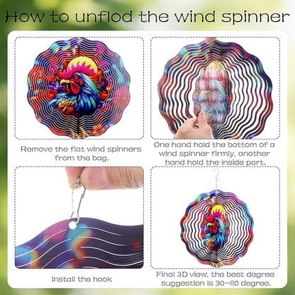 Metal Wind Spinners Outdoor - Chicken Yard Decor 3D Hanging Wind Spinner 12 Inch Kinetic Spinning Art Ornaments for Patio Lawn Garden Balcony Chicken Gifts for Women Men Mom Grandma Friends