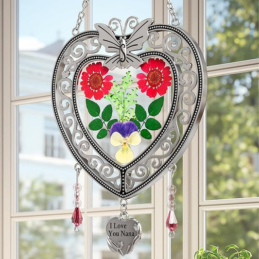 KY&BOSAM Heart Suncatchers I Love You Nana Tree of Life Stained Glass Panels Hangings for Windows Wind Chime Home Garden Outside Decor with Pressed Real Flower Heart in Glass Birthday Gifts for Women