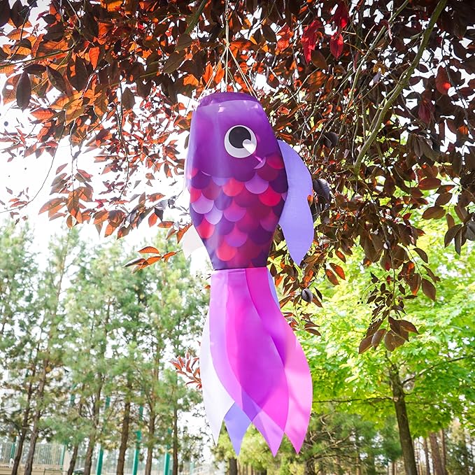 In the Breeze 5223 — 30-inch Lavender Damsel Fish — Colorful Purple Fishsock Hanging Garden Decor with Detailed Printed Graphics