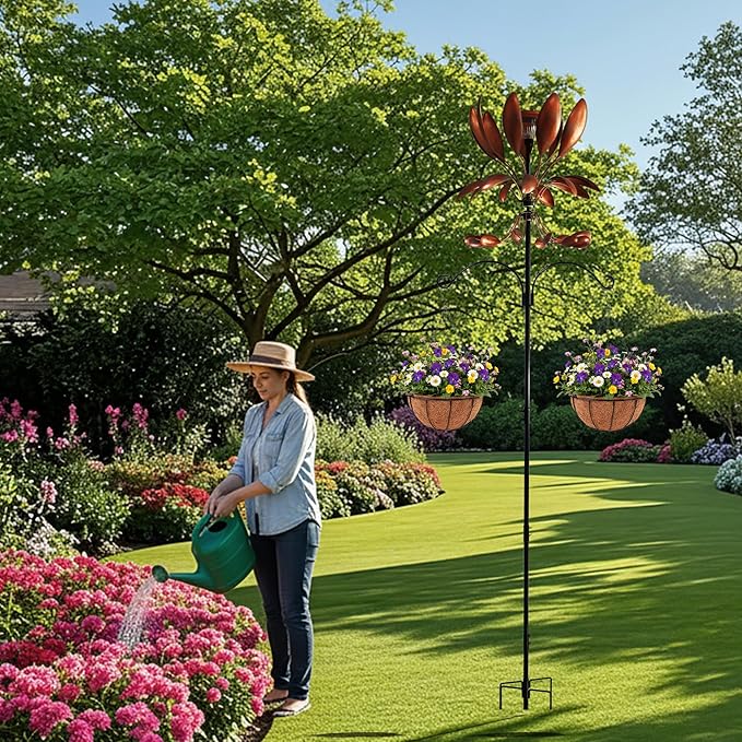 Yard Garden Wind Spinners - Large Outdoor Metal Wind Spinners with Stake, Yard Art Lawn Garden Decor Bronze-Colored Blade Rotator (25.5" W x 92.5" H)