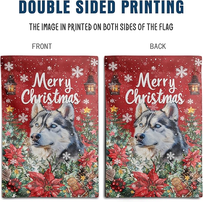 Christmas Husky Garden Flag Merry Christmas Dog Yard Flag for Outside Xmas Flags 12x18 Double Sided Red Poinsettia Garden Flags Winter Porch Decorations Outdoor