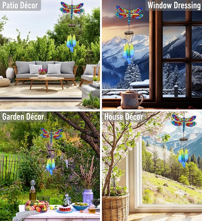 CoTa Global Summer Dragonfly Wind Chime - Handmade Glass and Metal Chime - Wild Life Hanging Decor - Colorful Home Decor Gift, Indoor, Outdoor Hanging Decoration for Porch, Patio, Garden – 22.5 Inch
