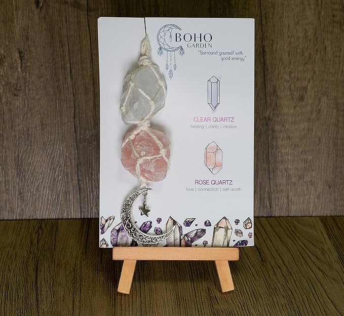 BOHO GARDEN Hanging Car Charm – Clear Quartz & Rose Quartz - Dangling Moon, Healing Crystal Accessories, Rearview Mirror Decorations –Healing, Clarity, Intuition, Love, Connection, Self-Worth, Energy