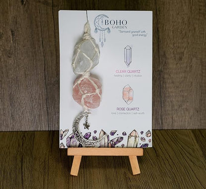 BOHO GARDEN Hanging Car Charm – Clear Quartz & Rose Quartz - Dangling Moon, Healing Crystal Accessories, Rearview Mirror Decorations –Healing, Clarity, Intuition, Love, Connection, Self-Worth, Energy