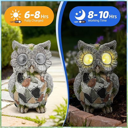 Garden Owl Statue Outdoor Decor with Solar Lights, Resin Owl Figurines for Patio Yard Porch Lawn Solar Owls Decorations Birthday Gift for Women Bird Lovers