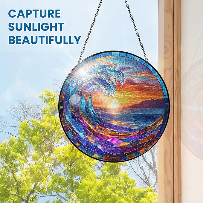 FLAGWIX Beach Gifts for Women Men - Stained Glass Window Hanging 8in for Decorations 2025 - Sun Catchers Indoor Window for Ocean Decor, Beach Decor, Boho Gifts for Women
