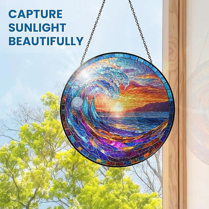 FLAGWIX Beach Gifts for Women Men - Stained Glass Window Hanging 8in for Decorations 2025 - Sun Catchers Indoor Window for Ocean Decor, Beach Decor, Boho Gifts for Women